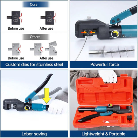 Hydraulic Crimping Tool For Cable Railing Kit With Wire Cutter Beefed Up Swaging Tool For One Eighth Inch Stainless Steel Cable T316 Hardware Dies Deck Railing Installation CR09 CK12 Compatible showing powerful force and lightweight design.