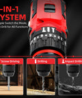 Close-up of 21V Max Cordless Drill Driver Kit showcasing 3-in-1 modes: Screw Driving, Drilling, Impact Drilling, red design