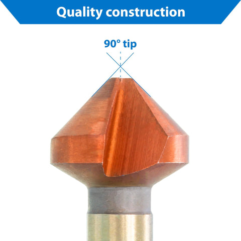 Front view of copper-coated 90° countersink bit tip with metal shank.