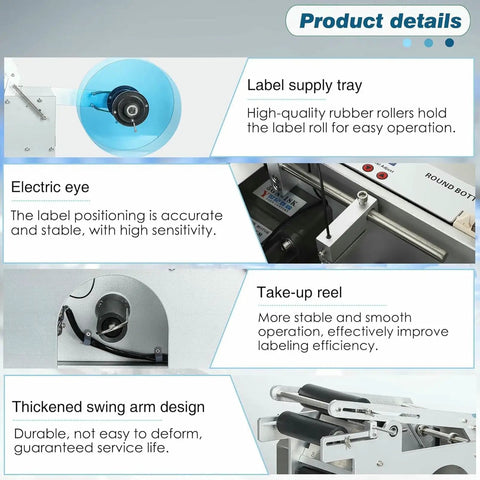 Image showing the Plug And Play Semi Automatic Round Bottle Labeler With Tight Grip Adjustment Handles 15 To 150Mm Bottles features parts.