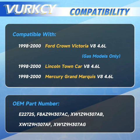 Compatibility chart for Electric Fuel Pump Module Assembly With Sending Unit For 1998-2000 Ford Crown Victoria, Lincoln Town Car, Mercury Grand Marquis V8 4.6L Replacement E2272S Compatible In Tank Fuel Pump Kit For Smooth Starts And Reliable Fuel Delivery