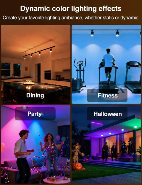 Color Changing GU10 RGB LED Bulb 12 Colors, 5W Dimmable, Remote Pack of 4 showing dynamic lighting effects for dining, fitness, party, and Halloween.