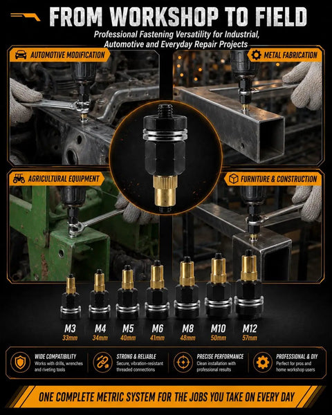 Heavy Duty Carbon Steel Head Rivet Nut Tool Kit With Seven Tough Mandrels Covering M3 Through M12 Sizes Drill Riveting Setup displayed with various mandrels.