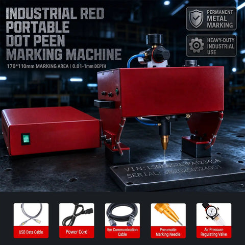 Built Tough Metal Marking Machine With Pneumatic Dot Peen System for deep engraving serial numbers on steel parts, red color.