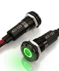 Two Pack 12mm LED Indicator Lights 12V DC Metal Body With Black Bezel Pilot Dash Light Green LED Easy 12mm Mount Hole 8 Inch Wiring