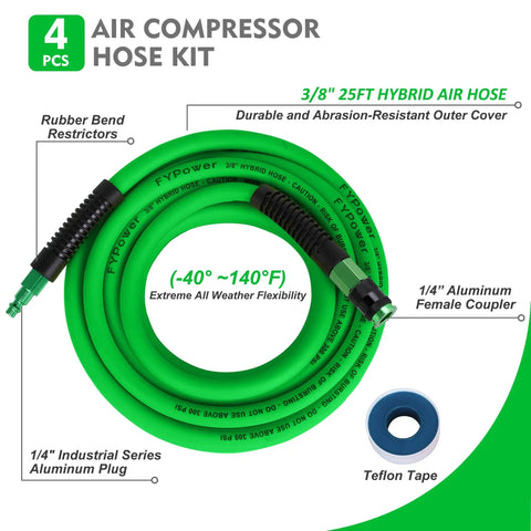 Top Shelf Hybrid Air Compressor Hose 3/8 Inch X 25 Feet Kink Free Kickass Flex Build 300 PSI Max Pressure with Accessories