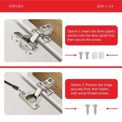Heavy Duty 20 Pack Soft Close Cabinet Hinges With Mounting Screws showing installation steps and hardware for secure fitting.