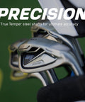 Close-up of S7 18 Piece Men's Golf Club Set with steel irons, Precision branding, for right-handed players, blue bag