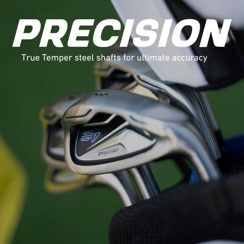 Close-up of S7 18 Piece Men's Golf Club Set with steel irons, Precision branding, for right-handed players, blue bag