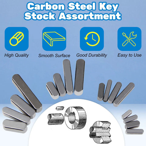 Carbon steel feather key stock assortment with round-ended shaft keys in 16 sizes arranged in an arc