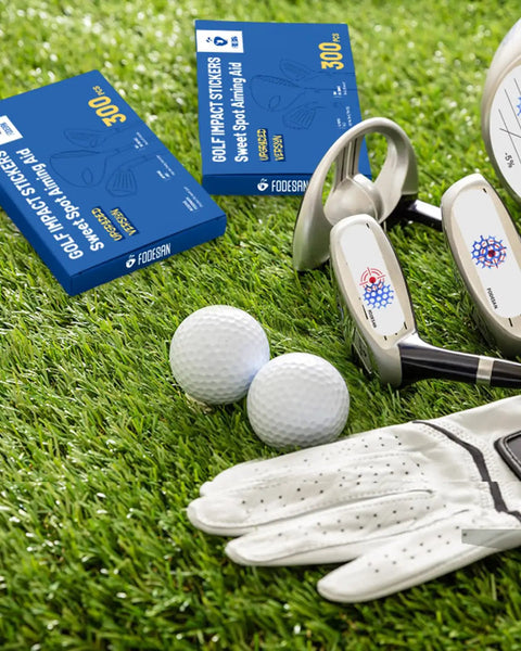 Golf Impact Tape With Red Target Sweet Spot For Instant Swing Feedback And Self Teaching Practice Indoor And Outdoor Use 300 Count High Precision Swing Training Aid with golf clubs and balls on grass.