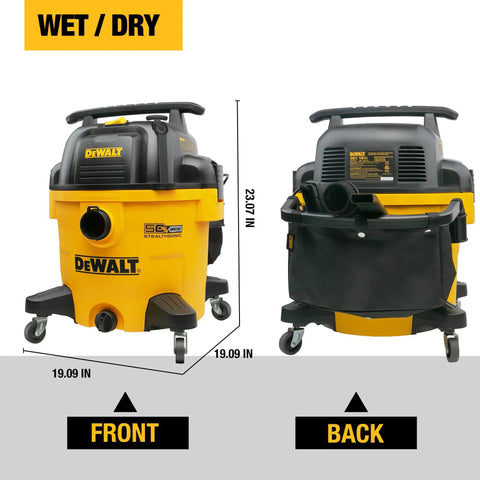 Heavy Duty 10 Gallon Wet Dry Shop Vacuum Featuring Straight Up Quiet Stealth Sonic Motor And Insane Suction Power For Garage Jobsite Workshop Cleanups Or Auto Detailing With All Attachments Included, showing front and back views.