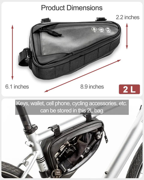Water Resistant Bike Frame Bag And Under Seat Triangle Pouch For Mountain And Road Bikes, Reflective Cycling Storage, 2L, dimensions shown