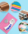 45mm Rotary Cutter Set With Five Replacement Blades And An A5 Cutting Mat For Fabric Crafting And Sewing The Go To For Patchworking Quilting And Multi Layer Cutting Durable Sharp And Easy To Use shown with cutting mat and materials
