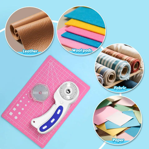 45mm Rotary Cutter Set With Five Replacement Blades And An A5 Cutting Mat For Fabric Crafting And Sewing The Go To For Patchworking Quilting And Multi Layer Cutting Durable Sharp And Easy To Use shown with cutting mat and materials