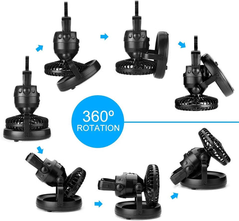 Portable LED Camping Lantern With Built In Ceiling Fan For Emergency Use rotating design illustration, showing 360-degree rotation.