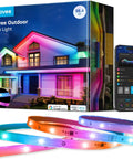 Outdoor LED Strip Lights 98.4 Feet Smart RGBIC Tape Lights For Patio And Backyard Alexa And Google Assistant Compatible App Control IP65 Waterproof 64 Scenes Party Vibes Eave And Garden Accent Lighting displayed with packaging and smartphone app on screen.