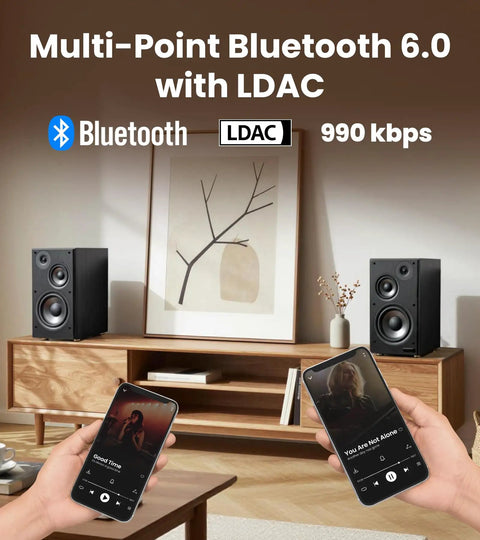 Powerful 144W 3-Way Powered Bookshelf Speakers With Sub Out For Desktop Studio Use, Hi-Res Audio, Bluetooth 6.0 LDAC setup
