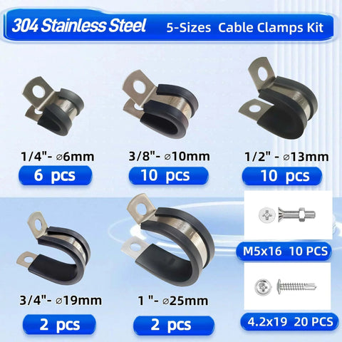 HOLADAWN 60-pc stainless steel cable clamp kit with rubber cushions; 5 sizes from 1/4 in to 1 in.