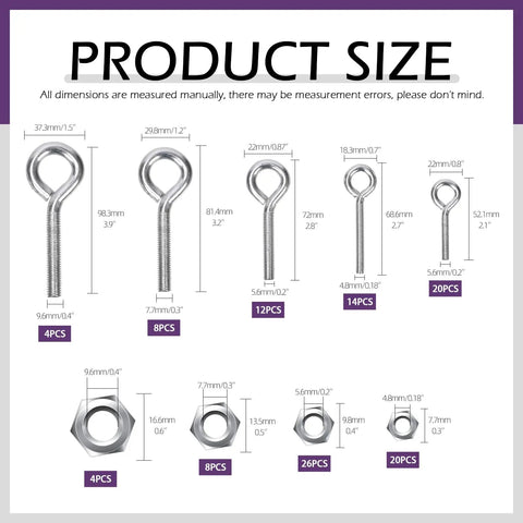 Carbon Steel Eye Bolt Screw And Nut Assortment Kit With Five Sizes 116 Pieces For Ornaments Toys Crafts Gifts And Hanging Objects From Walls Or Wooden Handles, size chart