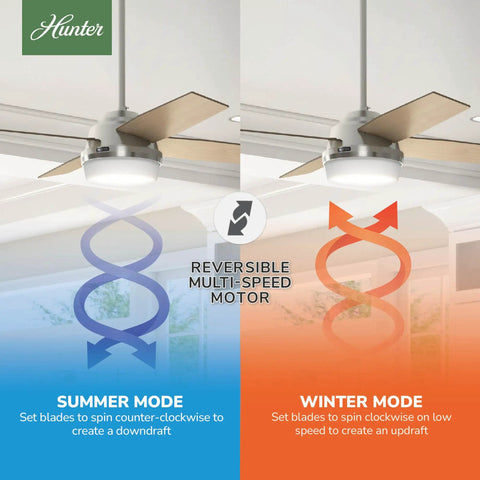 Reversible motor modes of 52 Inch Indoor Ceiling Fan With LED Light And Remote Brushed Nickel Finish Four Light Gray Oak Blades