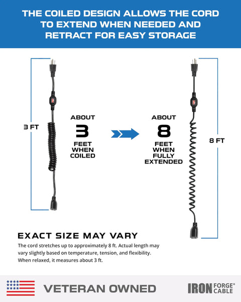 Slick Eight Foot Coiled Extension Cord With 16 Gauge Copper Wiring And Rock Solid Waterproof Power Switch built for reliable indoor or outdoor use.
