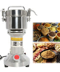Heavy Duty 700G Grain Mill Grinder With 2500W Powerhouse High Speed Electric Motor in stainless steel with spice examples.