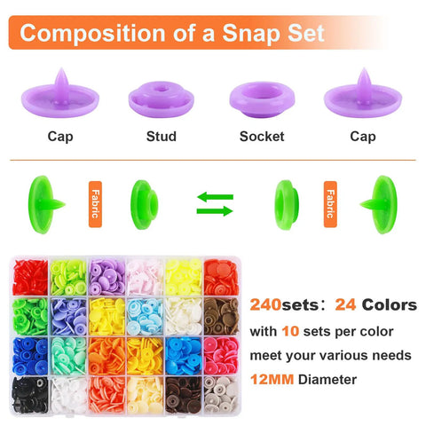 Snap Button Kit With Pliers And Tools 240 T5 Plastic Snaps color chart and composition details for DIY crafting.