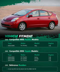 2003-2008 Pontiac Vibe and Toyota compatibility chart with red car and engine specifications
