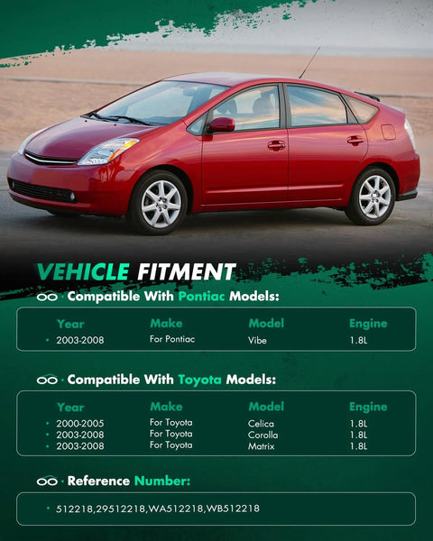 2003-2008 Pontiac Vibe and Toyota compatibility chart with red car and engine specifications
