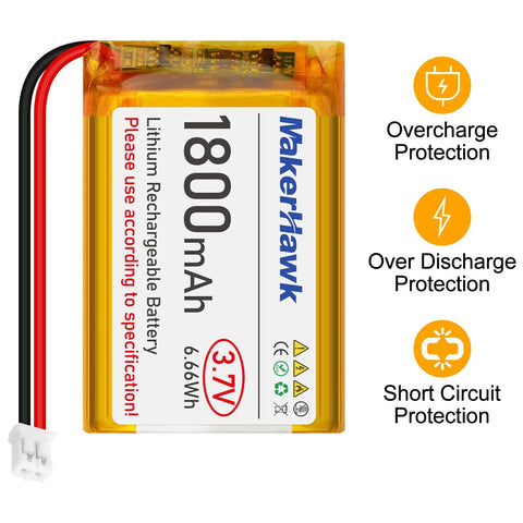 Two-Pack 3.7V 1800mAh LiPo Battery With JST 2.0 Plug Includes 1A USB Charger Cable And Protection Board Insulated Rubber