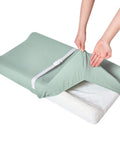 Ultra Soft Muslin Changing Pad Cover For Baby Diaper Changes Fits 32x16 To 34x16 Standard Pads, Cozy And Breathable, being fitted onto a pad
