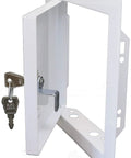 Dead Simple Six By Six Inch Drywall Access Panel Crafted From Bully Proof White Powder Coated Steel With Lockable Hardware visible with key.