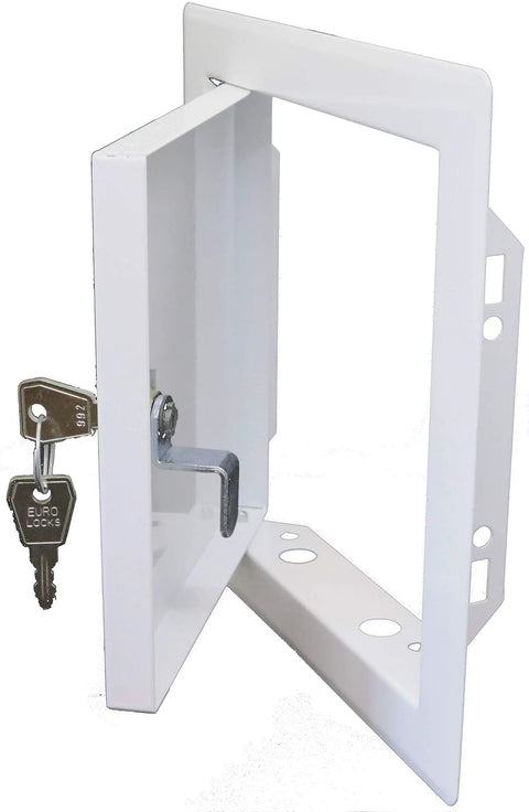 Dead Simple Six By Six Inch Drywall Access Panel Crafted From Bully Proof White Powder Coated Steel With Lockable Hardware visible with key.