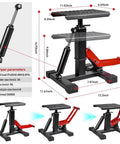 Heavy Duty 1000Lbs Dirt Bike Stand And Powersport Hydraulic Jack For Maintenance, shown with steel construction and dimensions.