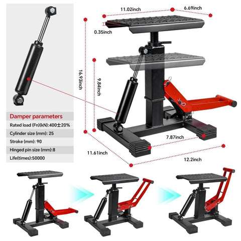 Heavy Duty 1000Lbs Dirt Bike Stand And Powersport Hydraulic Jack For Maintenance, shown with steel construction and dimensions.