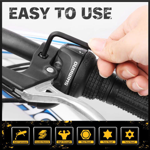 Using 41 Piece Hex Key And Torx Wrench Set With Torque Handle In Storage Case on bicycle handlebar, showcases hex key use