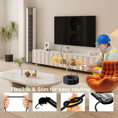 Slick 100 Feet Fiber Optic Hdmi Cable Active 2.0 shown in a modern living room, demonstrating flexible routing with a slim design.