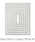 Six Piece Rectangle Frame Metal Die Cuts Set With Scalloped Stitch Nested Tags, 144x112mm, silver, for scrapbooking and card making.