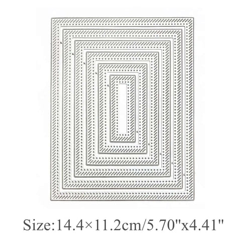 Six Piece Rectangle Frame Metal Die Cuts Set With Scalloped Stitch Nested Tags, 144x112mm, silver, for scrapbooking and card making.