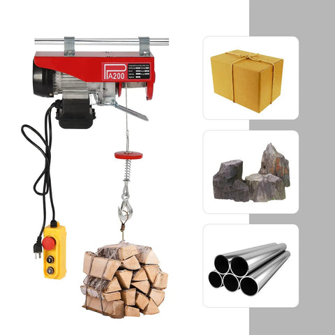 Heavy Duty 440 Lbs Electric Hoist Winch with Remote Control And Emergency Stop, Dual Mode Auto Lift For Garage Shop Warehouse Factory Work With Single Double Slings lifting firewood and packages.