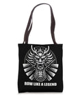 Dragon Boat Racing Tote Bag For Fans And Athletes with bold dragon artwork, 'Row Like a Legend' text, and black background.