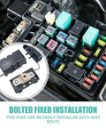 Heavy Duty 80 Amp Bolt On Fuses 3 Pack Copper Plated Terminals with bolted installation in a fuse box.