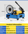 Heavy Duty Hydraulic Hose Crimper With Eight Swappable Die Sets For Smooth Zero Sweat Garage Work And Lock Tight Seal On All Custom Hydraulic Lines Today, shown from the side with dimensions.