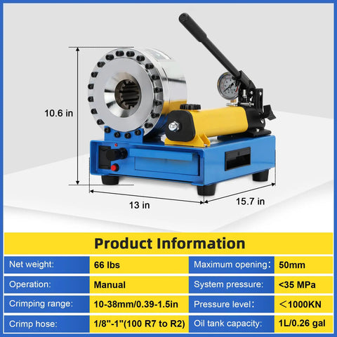 Heavy Duty Hydraulic Hose Crimper With Eight Swappable Die Sets For Smooth Zero Sweat Garage Work And Lock Tight Seal On All Custom Hydraulic Lines Today, shown from the side with dimensions.