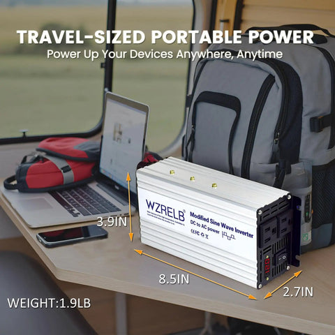 Grind Ready 1200 Watt Power Inverter Converting 12V DC To 110V AC With 2400W Peak Output, compact size for RVs and camping.