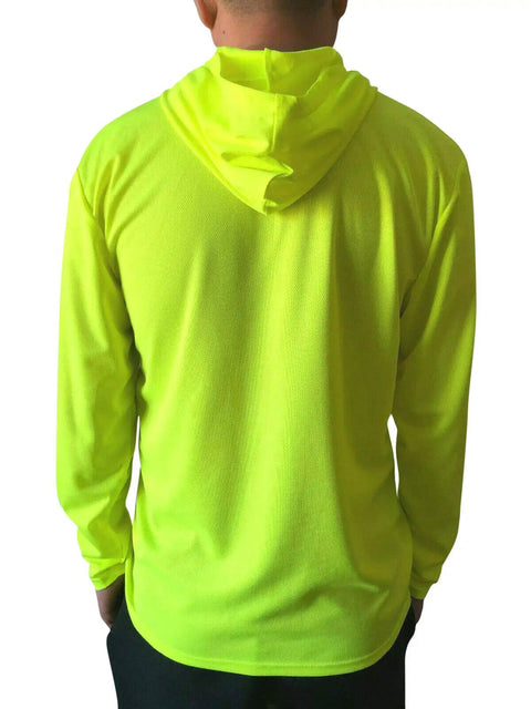 Back view of Hi Viz Hooded Long Sleeve Safety Work Shirt 2 Pack Neon Yellow Breathable Birdseye Polyester UPF 50 Plus.