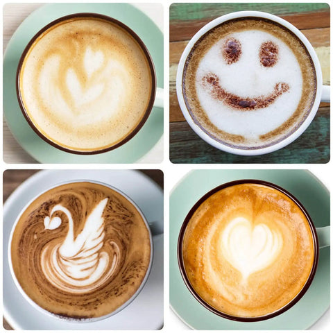 Four cups of coffee with latte art designs including leaf, smiley face, swan, and heart, showcasing barista skills.