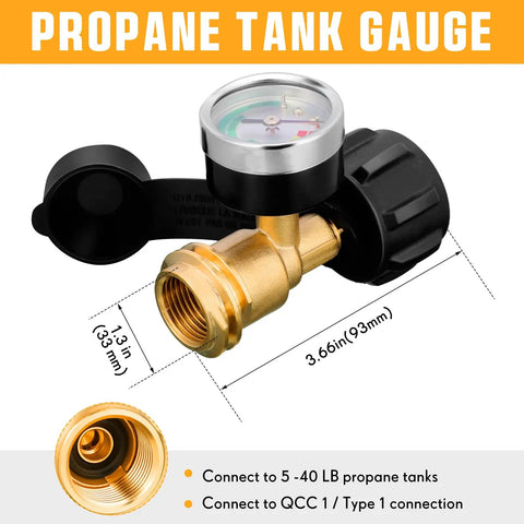 Four Pack Upgraded Propane Tank Gauge With Color Coded Dial For Five To Forty Pound Tanks Propane Level Indicator Meter QCC1 Type 1 Connection Ideal For BBQ Grills Cylinders And RV Use brass gauge with color dial, front view, 5-40 lb