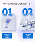 Two images comparing selected high-quality parts and factory OEM parts, with trophy and factory illustrations.